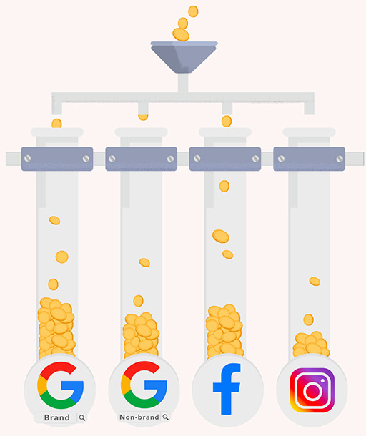 Coins falling into test tubes with Google stickers