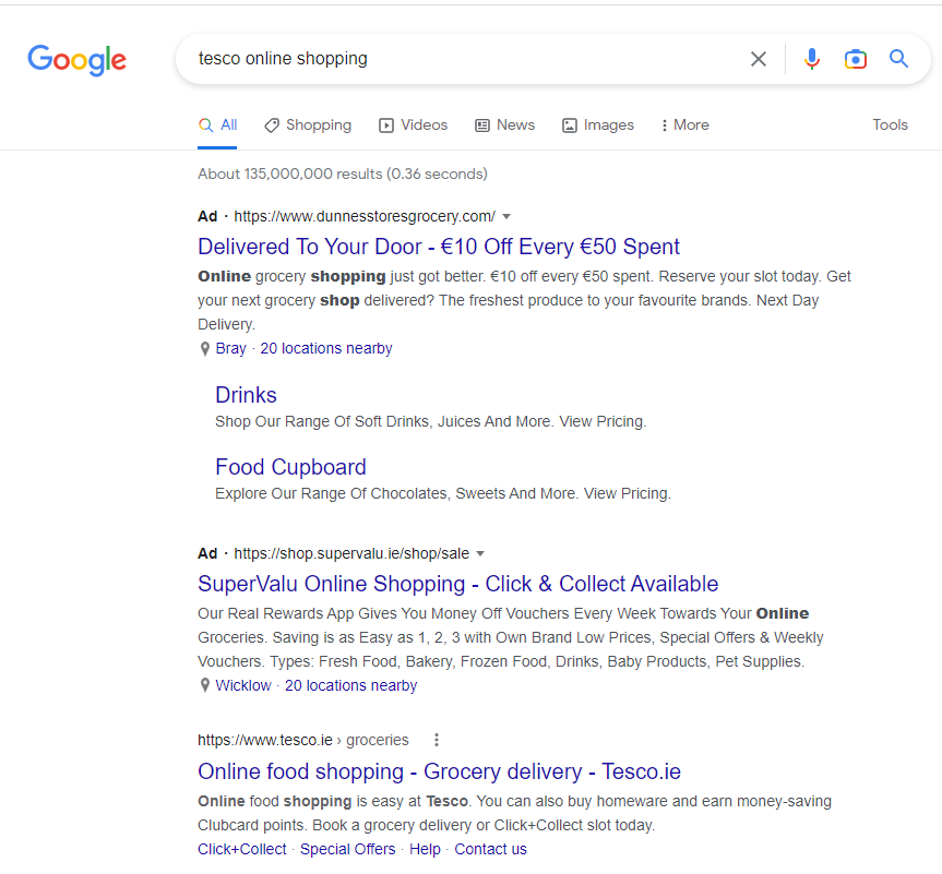 Google SERP for Tesco online shopping query
