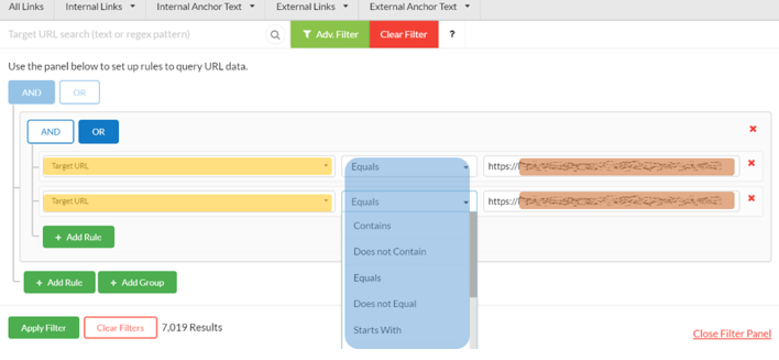 sitebulb - internal link explorer - filtering pages