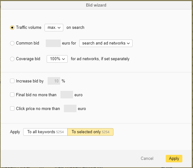 Yandex bid wizard